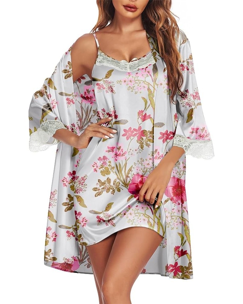 Sleepwear Women's Satin Nightgown with Robes Set 2 Piece Sexy Lace Cami Nightwear Floral Sage Green $22.68 Robes