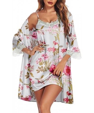 Sleepwear Women's Satin Nightgown with Robes Set 2 Piece Sexy Lace Cami Nightwear Floral Sage Green $22.68 Robes