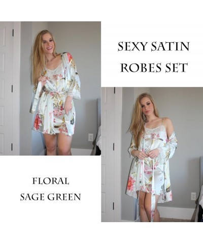 Sleepwear Women's Satin Nightgown with Robes Set 2 Piece Sexy Lace Cami Nightwear Floral Sage Green $22.68 Robes