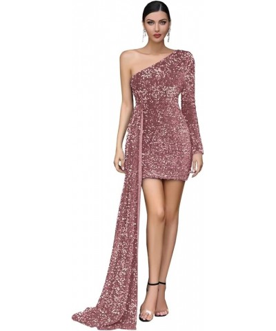 Women's One Shoulder Sequin Prom Dresses Short Long Sleeve Corset Sparkly Formal Evening Party Gowns with Train Dusty Rose $3...