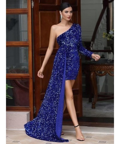 Women's One Shoulder Sequin Prom Dresses Short Long Sleeve Corset Sparkly Formal Evening Party Gowns with Train Dusty Rose $3...