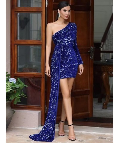 Women's One Shoulder Sequin Prom Dresses Short Long Sleeve Corset Sparkly Formal Evening Party Gowns with Train Dusty Rose $3...