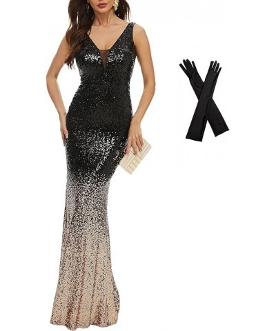 Women's V Neck Sequin Gatsby 20s Flapper Evening Dress Plus Size Long Maxi Mermaid Prom Gowns Black Gold $36.56 Dresses