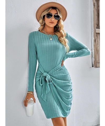 Womens Autumn Long Sleeve Round Neck Tie Waist Slim Sweater Dress Solid Color Ribbed Knitted Midi Pencil Dresses Green $14.05...