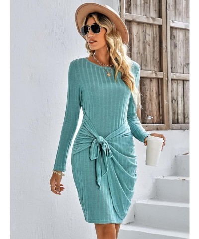 Womens Autumn Long Sleeve Round Neck Tie Waist Slim Sweater Dress Solid Color Ribbed Knitted Midi Pencil Dresses Green $14.05...