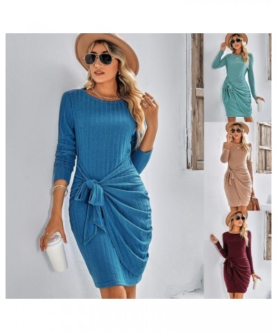 Womens Autumn Long Sleeve Round Neck Tie Waist Slim Sweater Dress Solid Color Ribbed Knitted Midi Pencil Dresses Green $14.05...