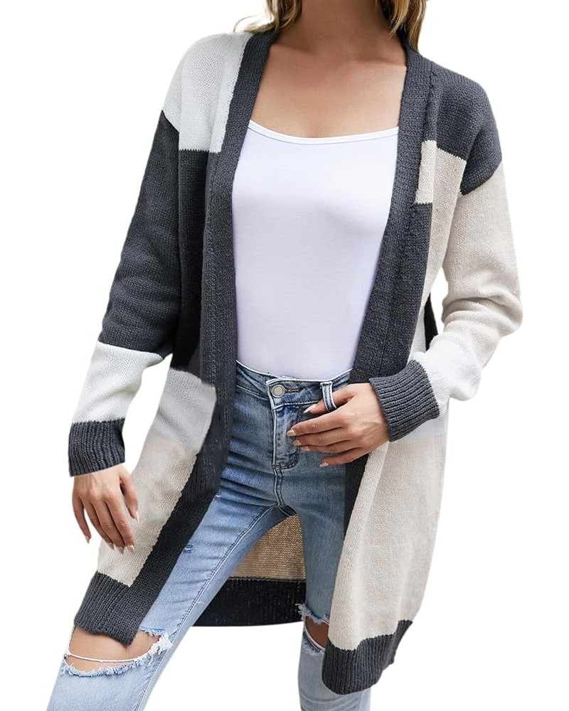 Women's Fashion Cardigan Sweater Color Block Long Sleeve Open Front Cadigans Fall Winter Patchwork Casual Knit Tops 03-grey $...