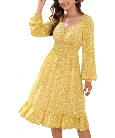 Women's Smocked Waist Floral Print Puff Sleeve Midi Dress A-Line Sweetheart Backless Ruffle Hem Dress A-yellow $10.25 Dresses