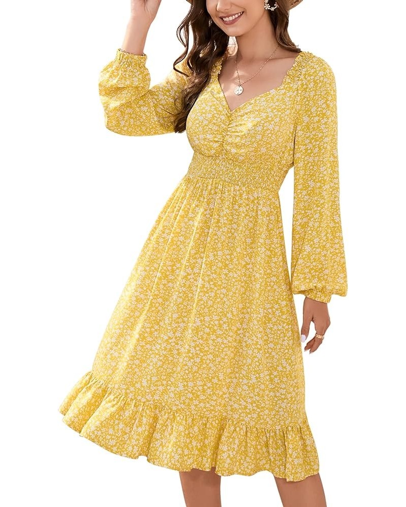 Women's Smocked Waist Floral Print Puff Sleeve Midi Dress A-Line Sweetheart Backless Ruffle Hem Dress A-yellow $10.25 Dresses