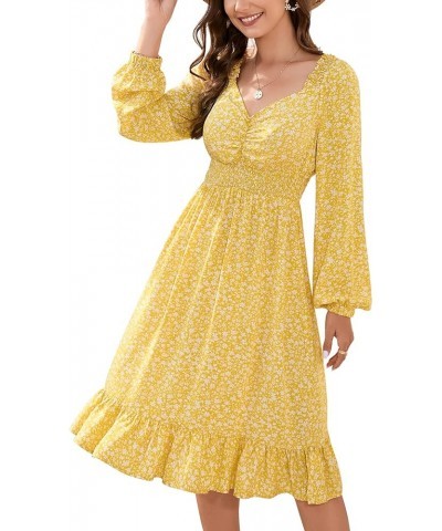 Women's Smocked Waist Floral Print Puff Sleeve Midi Dress A-Line Sweetheart Backless Ruffle Hem Dress A-yellow $10.25 Dresses