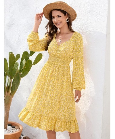 Women's Smocked Waist Floral Print Puff Sleeve Midi Dress A-Line Sweetheart Backless Ruffle Hem Dress A-yellow $10.25 Dresses