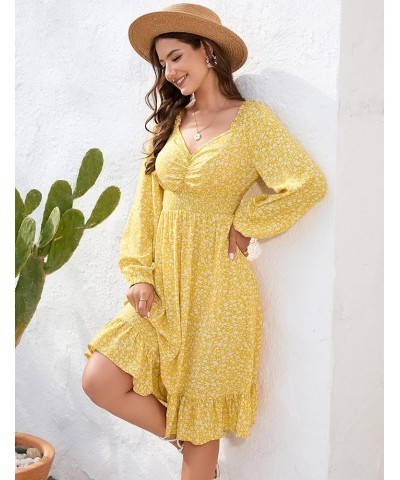 Women's Smocked Waist Floral Print Puff Sleeve Midi Dress A-Line Sweetheart Backless Ruffle Hem Dress A-yellow $10.25 Dresses