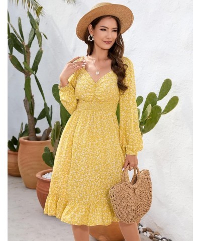 Women's Smocked Waist Floral Print Puff Sleeve Midi Dress A-Line Sweetheart Backless Ruffle Hem Dress A-yellow $10.25 Dresses