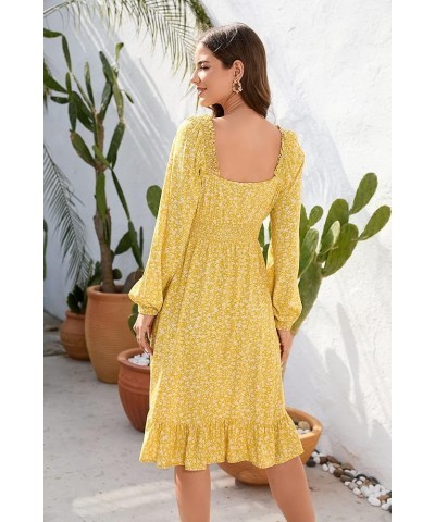 Women's Smocked Waist Floral Print Puff Sleeve Midi Dress A-Line Sweetheart Backless Ruffle Hem Dress A-yellow $10.25 Dresses