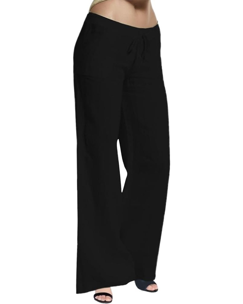 Women's Casual Cotton Linen Pants Summer Relax Fit Elastic Waist Straight Leg Comfy Solid Color Lounge Long Trouser D-black $...