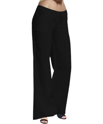 Women's Casual Cotton Linen Pants Summer Relax Fit Elastic Waist Straight Leg Comfy Solid Color Lounge Long Trouser D-black $...