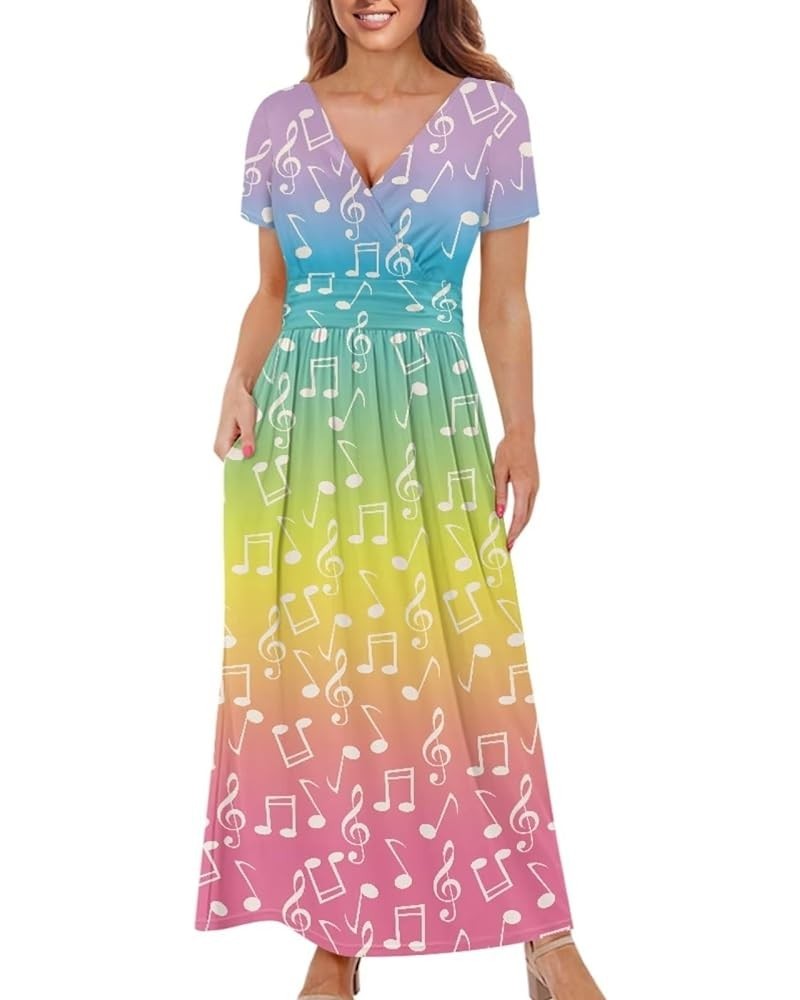 Women's Fall Summer Short Sleeve Ankle Length V-Neck Party Dress with Pockets Size S-3XL Rainbow Musical Notes $21.65 Dresses