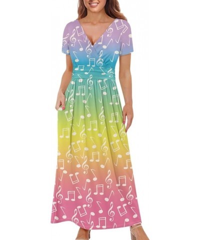 Women's Fall Summer Short Sleeve Ankle Length V-Neck Party Dress with Pockets Size S-3XL Rainbow Musical Notes $21.65 Dresses