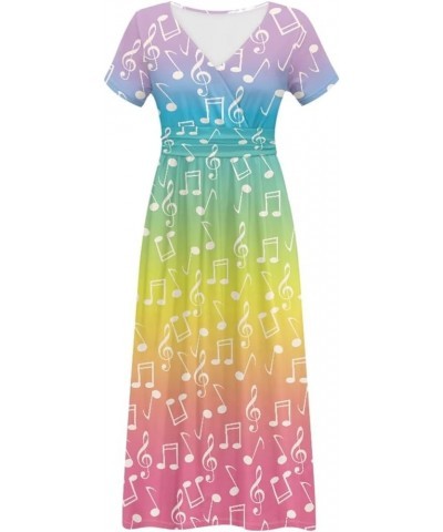 Women's Fall Summer Short Sleeve Ankle Length V-Neck Party Dress with Pockets Size S-3XL Rainbow Musical Notes $21.65 Dresses