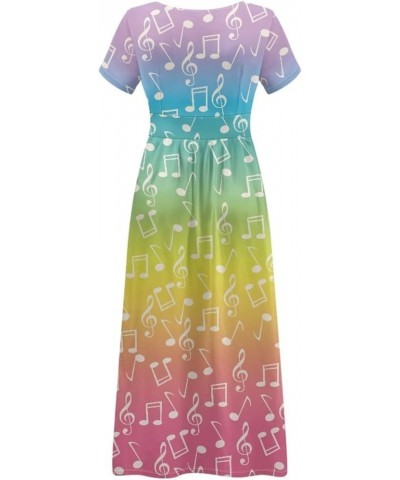 Women's Fall Summer Short Sleeve Ankle Length V-Neck Party Dress with Pockets Size S-3XL Rainbow Musical Notes $21.65 Dresses