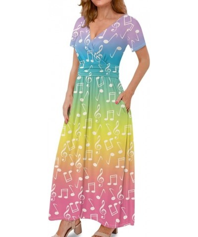 Women's Fall Summer Short Sleeve Ankle Length V-Neck Party Dress with Pockets Size S-3XL Rainbow Musical Notes $21.65 Dresses