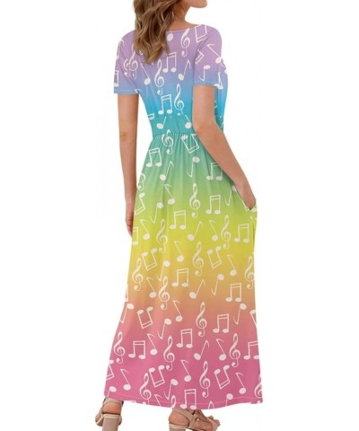 Women's Fall Summer Short Sleeve Ankle Length V-Neck Party Dress with Pockets Size S-3XL Rainbow Musical Notes $21.65 Dresses