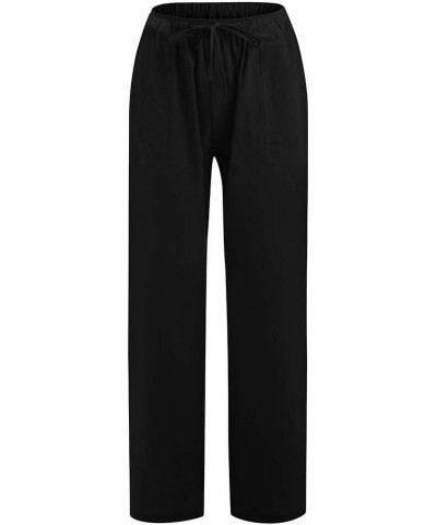 Women's Casual Cotton Linen Pants Summer Relax Fit Elastic Waist Straight Leg Comfy Solid Color Lounge Long Trouser D-black $...