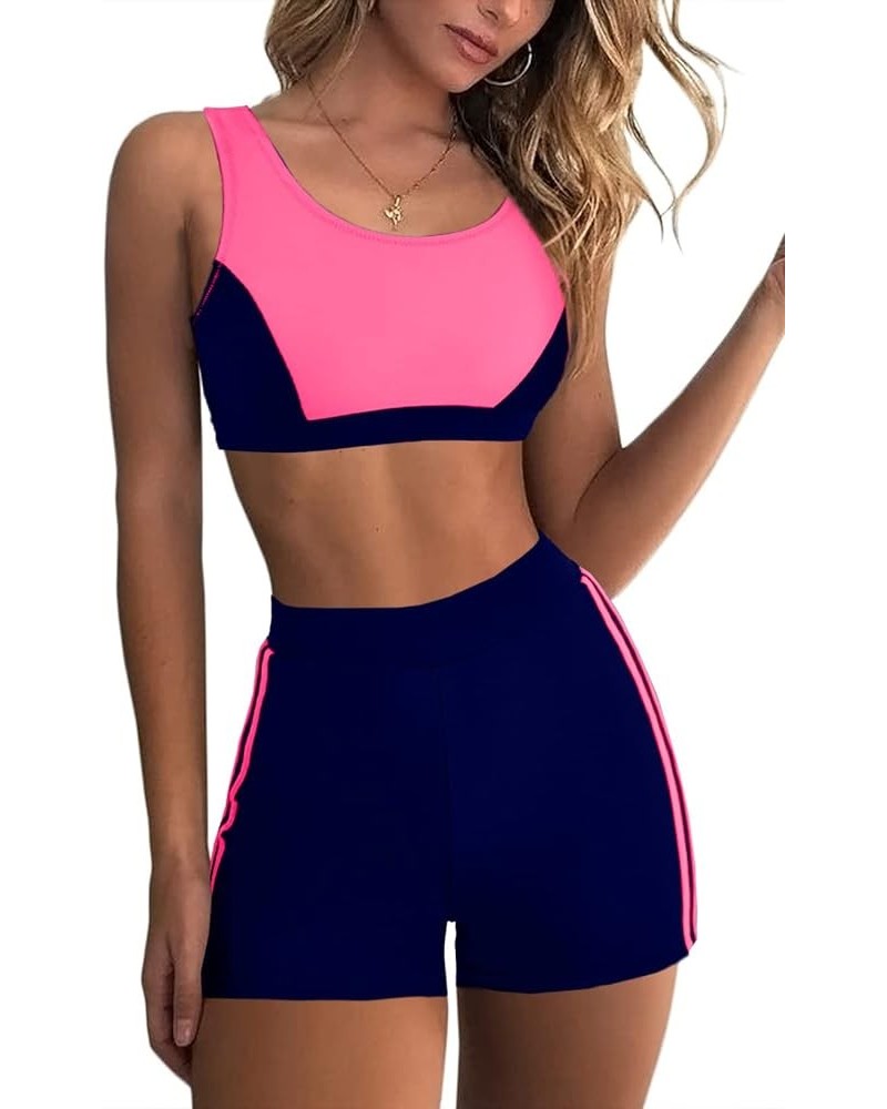 Women Two Piece Sporty Bikini Set Color Block High Waist Shorts Bottom Slimming Swimsuit Rose $17.15 Swimsuits