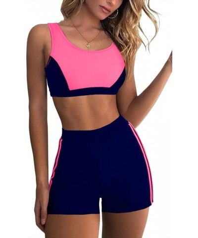 Women Two Piece Sporty Bikini Set Color Block High Waist Shorts Bottom Slimming Swimsuit Rose $17.15 Swimsuits