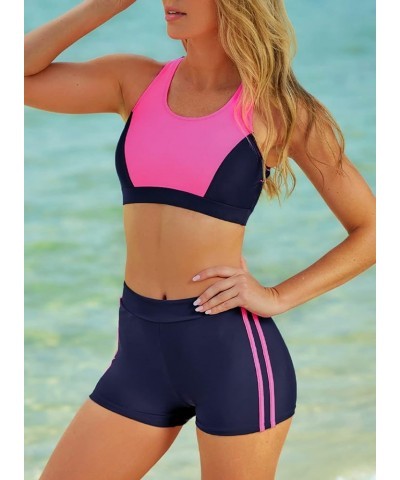 Women Two Piece Sporty Bikini Set Color Block High Waist Shorts Bottom Slimming Swimsuit Rose $17.15 Swimsuits