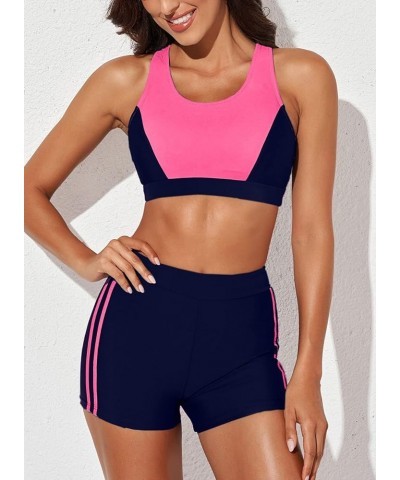 Women Two Piece Sporty Bikini Set Color Block High Waist Shorts Bottom Slimming Swimsuit Rose $17.15 Swimsuits