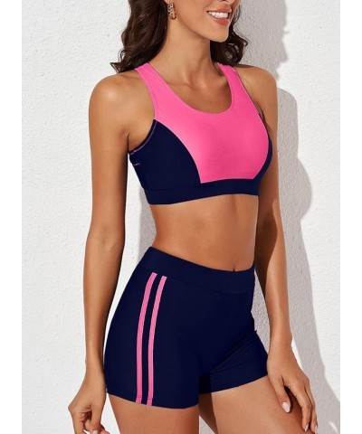 Women Two Piece Sporty Bikini Set Color Block High Waist Shorts Bottom Slimming Swimsuit Rose $17.15 Swimsuits