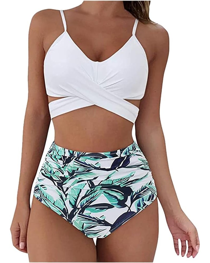 Two Piece Swimsuit for Women High Waisted Tummy Control Bathing Suit Full Coverage Front Cross Push Up Sexy Bikini Sets B5_wh...