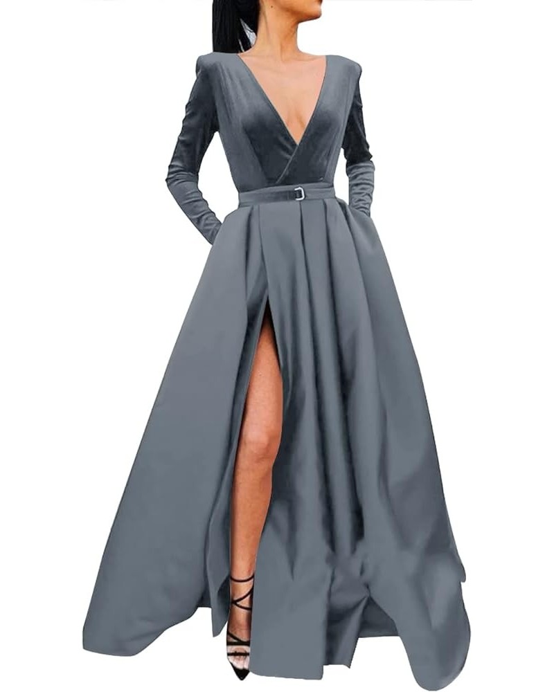 V Neck Prom Dress Velvet Long Sleeves Split Formal Dress 2022 for Women with Pockets Grey $36.26 Dresses