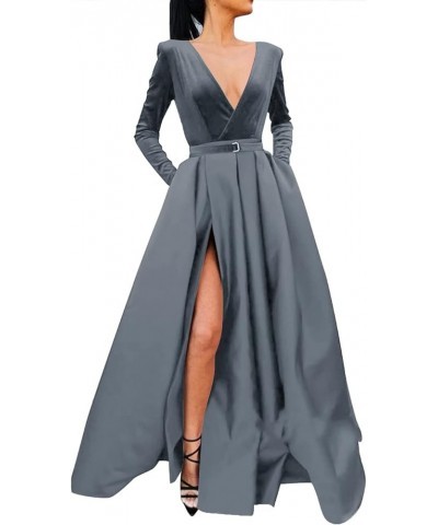 V Neck Prom Dress Velvet Long Sleeves Split Formal Dress 2022 for Women with Pockets Grey $36.26 Dresses