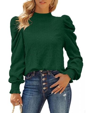 Womens 2024 Puff Long Sleeve Mock Neck Casual Shirts Solid Eyelet Embroidery Tops Blouses Pullover Keyhole Back Tee Green $8....