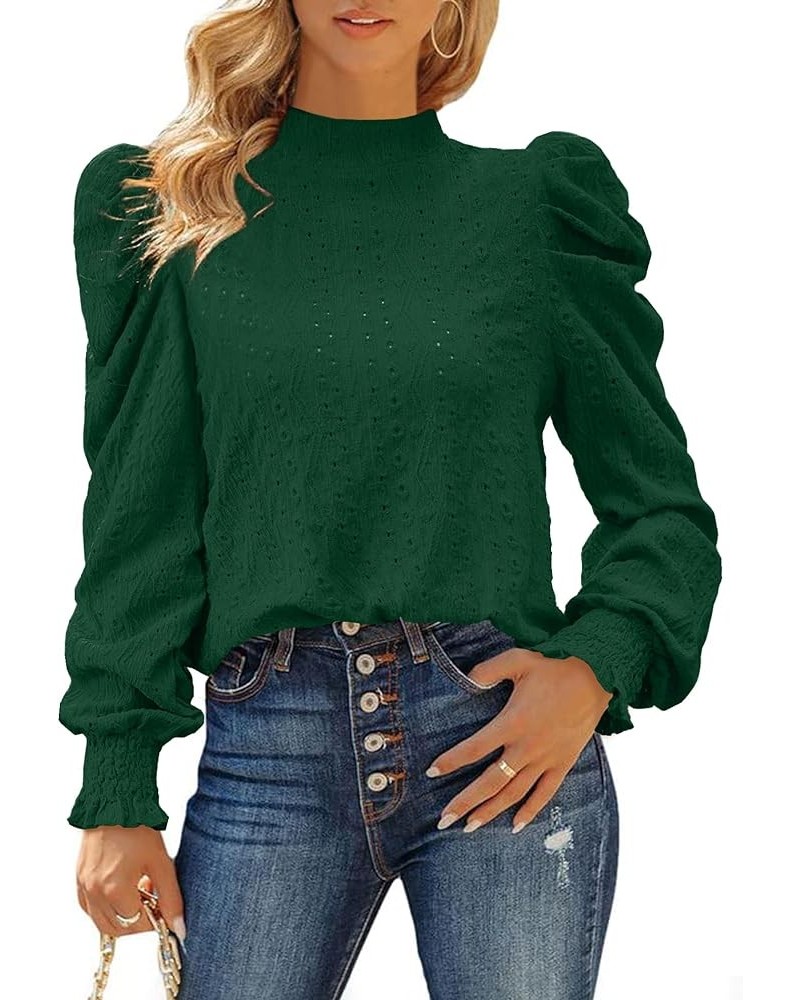 Womens 2024 Puff Long Sleeve Mock Neck Casual Shirts Solid Eyelet Embroidery Tops Blouses Pullover Keyhole Back Tee Green $8....