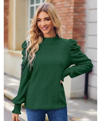 Womens 2024 Puff Long Sleeve Mock Neck Casual Shirts Solid Eyelet Embroidery Tops Blouses Pullover Keyhole Back Tee Green $8....