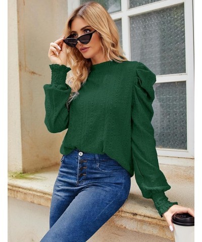 Womens 2024 Puff Long Sleeve Mock Neck Casual Shirts Solid Eyelet Embroidery Tops Blouses Pullover Keyhole Back Tee Green $8....