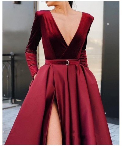 V Neck Prom Dress Velvet Long Sleeves Split Formal Dress 2022 for Women with Pockets Grey $36.26 Dresses