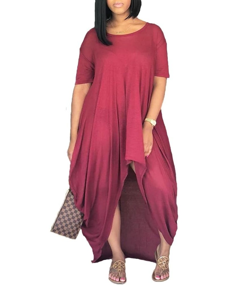 Women Harem T Shirt Dress Short Sleeve Oversized Dresses High Low Long Maxi Dress Wine 2 $20.99 Dresses