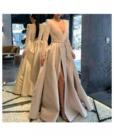 V Neck Prom Dress Velvet Long Sleeves Split Formal Dress 2022 for Women with Pockets Grey $36.26 Dresses