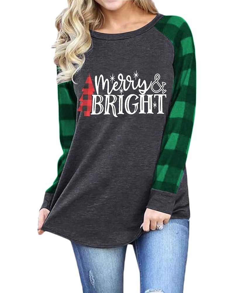 Merry and Bright Shirts Womens Christmas Tree Plaid Raglan Long Sleve Tees Letter Print Baseball T Shirt Tops Green Plaid $11...