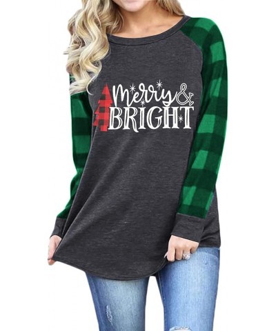 Merry and Bright Shirts Womens Christmas Tree Plaid Raglan Long Sleve Tees Letter Print Baseball T Shirt Tops Green Plaid $11...