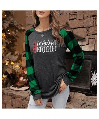 Merry and Bright Shirts Womens Christmas Tree Plaid Raglan Long Sleve Tees Letter Print Baseball T Shirt Tops Green Plaid $11...