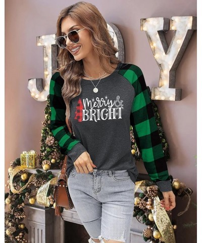 Merry and Bright Shirts Womens Christmas Tree Plaid Raglan Long Sleve Tees Letter Print Baseball T Shirt Tops Green Plaid $11...