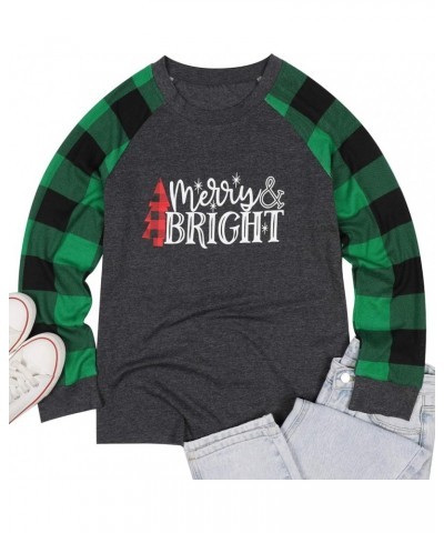 Merry and Bright Shirts Womens Christmas Tree Plaid Raglan Long Sleve Tees Letter Print Baseball T Shirt Tops Green Plaid $11...