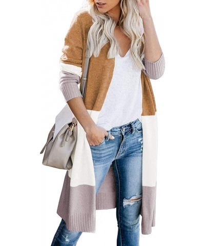 Women's Long Cardigan Open Front Color Block Cardigan Knit Sweaters 01-khaki $19.39 Sweaters