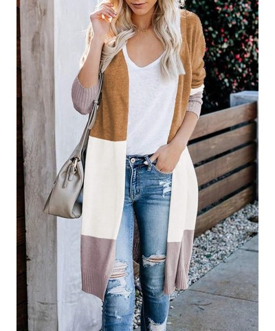 Women's Long Cardigan Open Front Color Block Cardigan Knit Sweaters 01-khaki $19.39 Sweaters