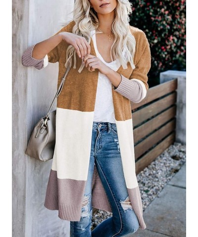 Women's Long Cardigan Open Front Color Block Cardigan Knit Sweaters 01-khaki $19.39 Sweaters